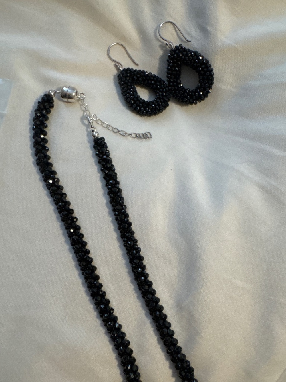 Black spinel sterling silver beaded necklace & earrings set